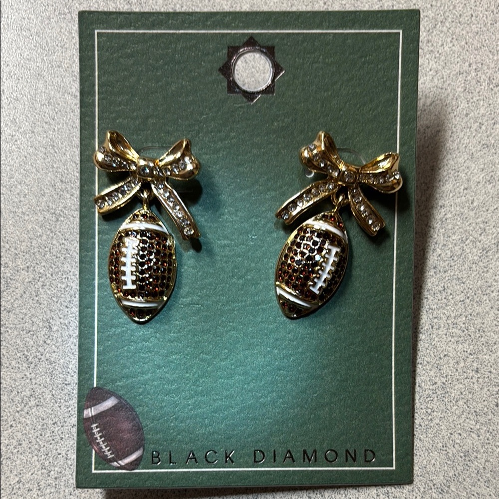 NWT Black Diamond Football Earrings BROWN with RHINESTONE Bow